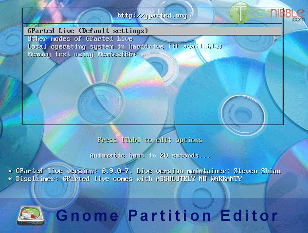 GParted - Boot Selection Screen