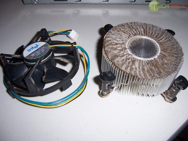 Computer heatsink blocked by cigarette tar and dust