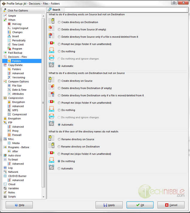 SyncBackPro Options List Expanded