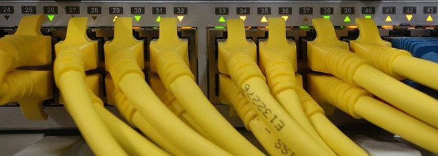 A bunch of yellow network cables connected to ethernet ports | Managed Print Services